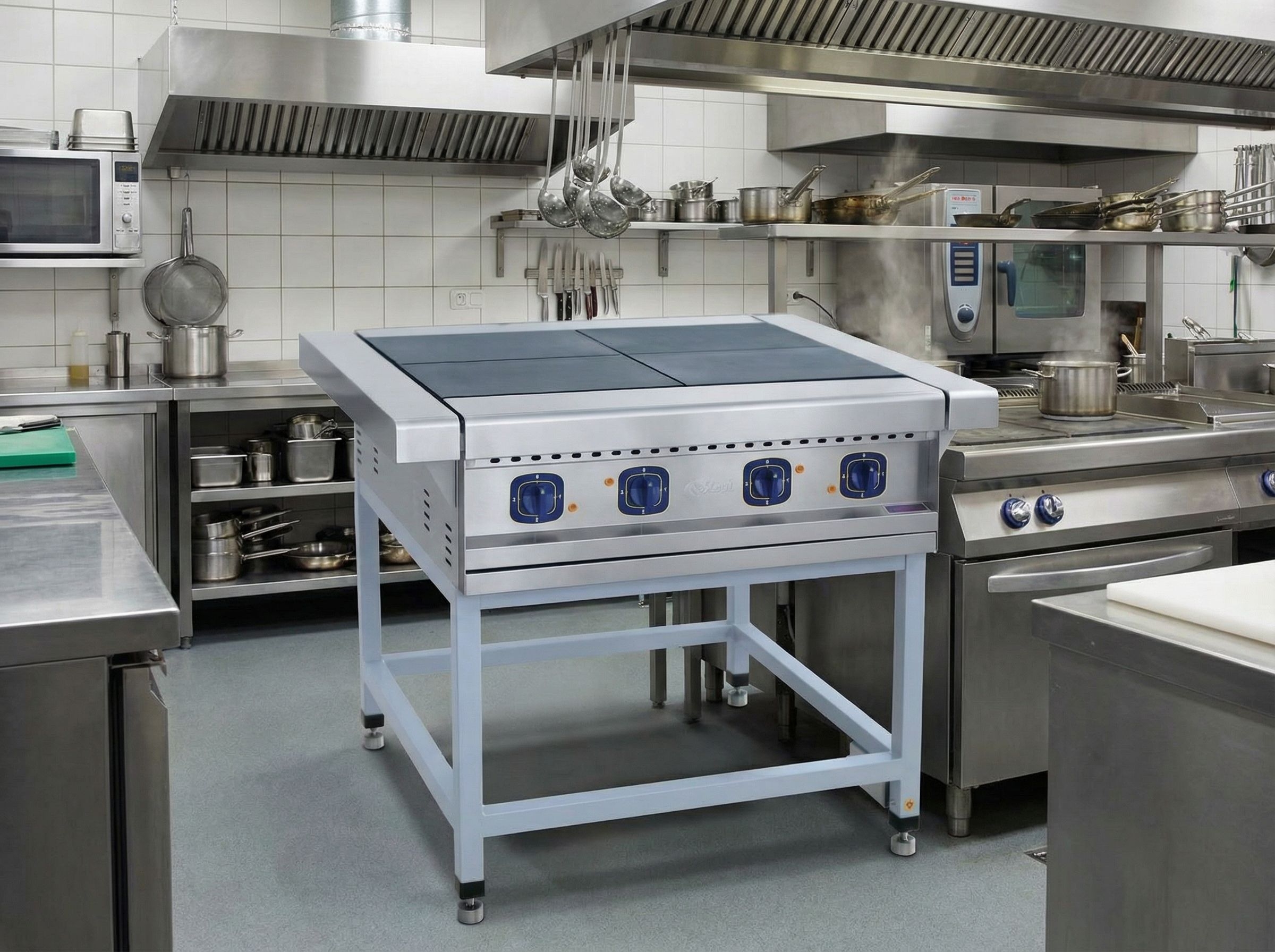 Профессиональная электрическая плита Abat ЭП-4П (900 серия): 4 чугунные конфорки по 3 кВт, мощность 12 кВт, температурный режим 0–480 °C, напольная установка, прочный корпус из нержавеющей стали. Купить в Москве с гарантией и доставкой по России.